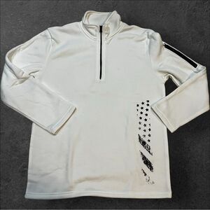 Flag design men’s white pullover zip up neck open hem size Large